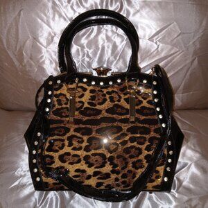 Leopard Print Crossbody Handbag Purse w/ Push Lock Rhinestone Faux Leather (New)